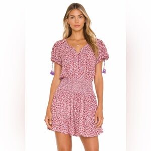 POUPETTE SAINT BARTH Pink Floral Smocked Mini Dress Tassel Tie Boho Medium